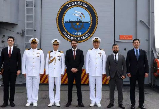 A Turkish warship docked in the port of Mogadishu, its purpose unknown.